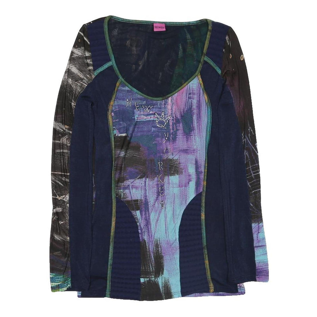 SAVE THE QUEEN Womens Blue Printed Long Sleeve V-Neck Top M Artistic