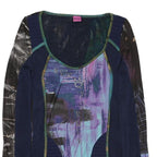SAVE THE QUEEN Womens Blue Printed Long Sleeve V-Neck Top M Artistic