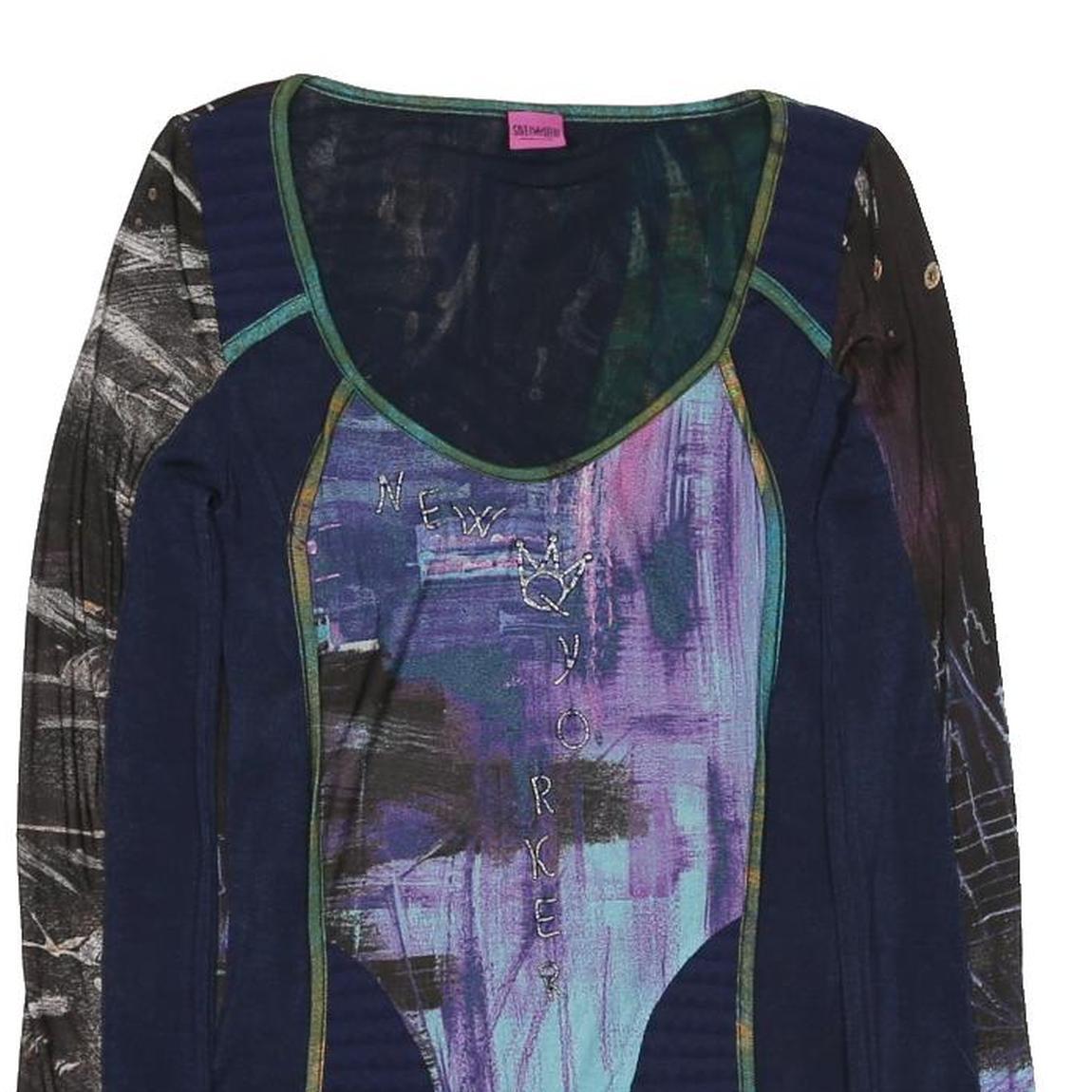 SAVE THE QUEEN Womens Blue Printed Long Sleeve V-Neck Top M Artistic