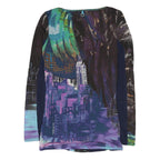 SAVE THE QUEEN Womens Blue Printed Long Sleeve V-Neck Top M Artistic