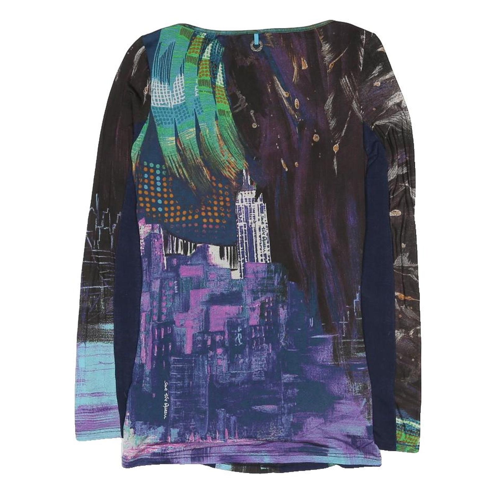 SAVE THE QUEEN Womens Blue Printed Long Sleeve V-Neck Top M Artistic