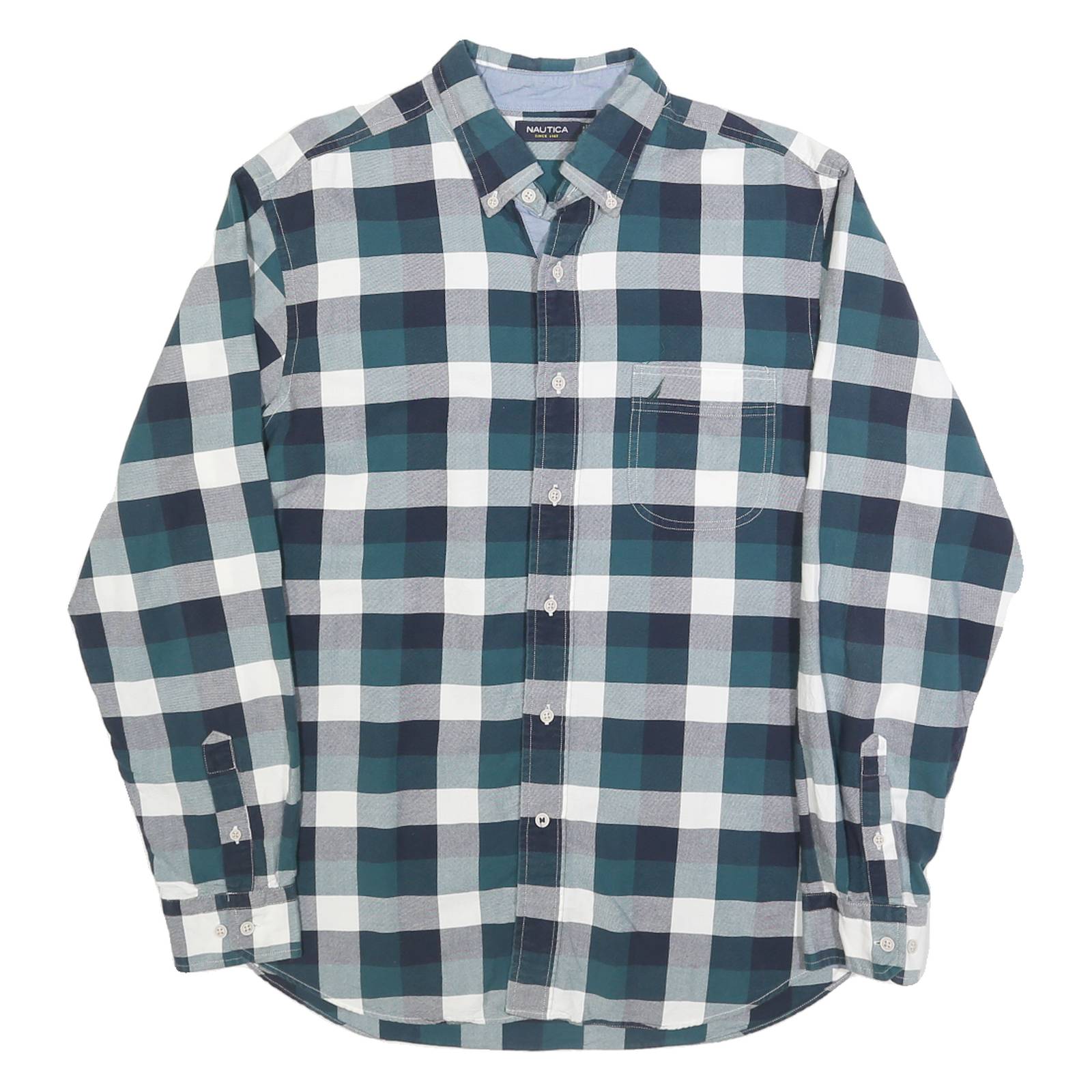 NAUTICA Mens Blue Green & White Check Shirt L Button-Down Collar Long Sleeve