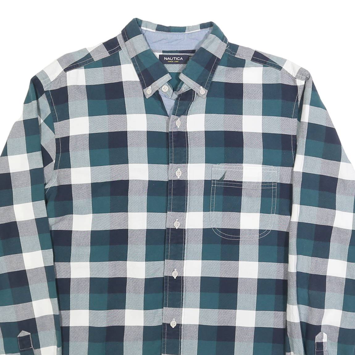 NAUTICA Mens Blue Green & White Check Shirt L Button-Down Collar Long Sleeve