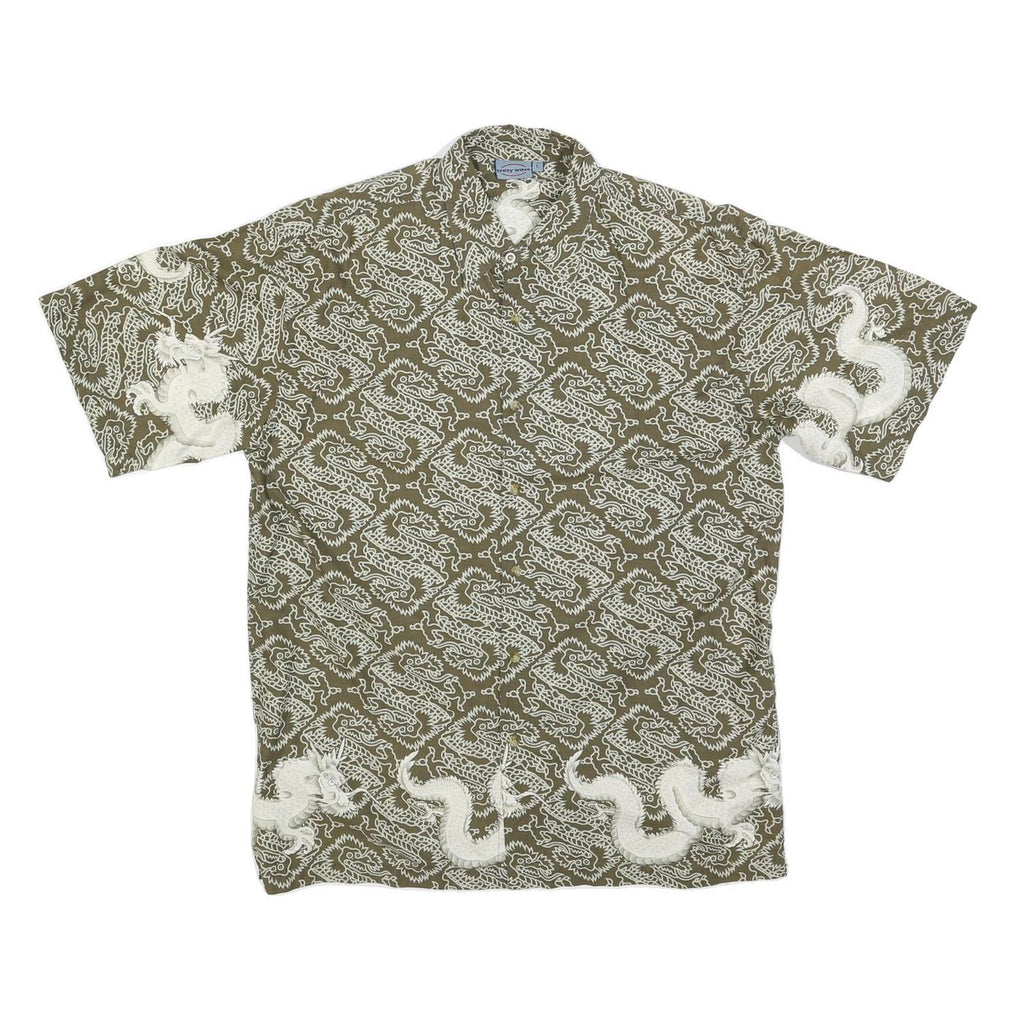 CRAZY WAVE Mens Green Cotton Blend Shirt L Dragon Print Casual Summer