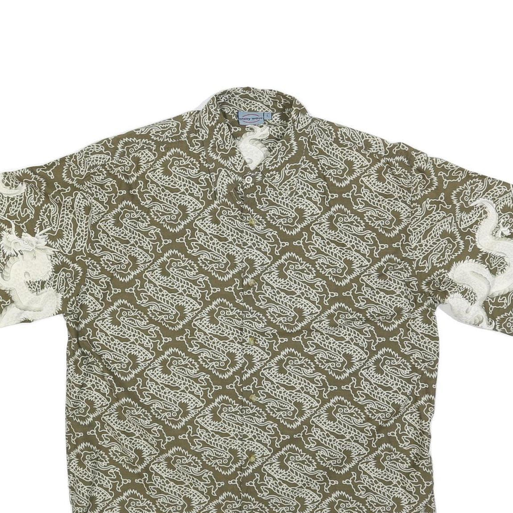 CRAZY WAVE Mens Green Cotton Blend Shirt L Dragon Print Casual Summer