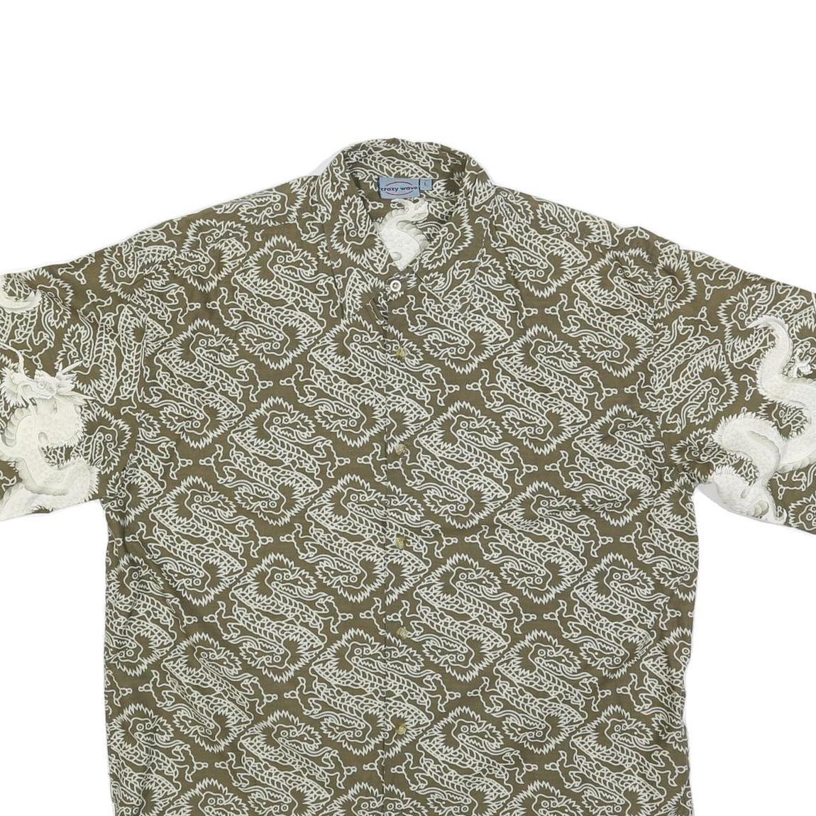 CRAZY WAVE Mens Green Cotton Blend Shirt L Dragon Print Casual Summer