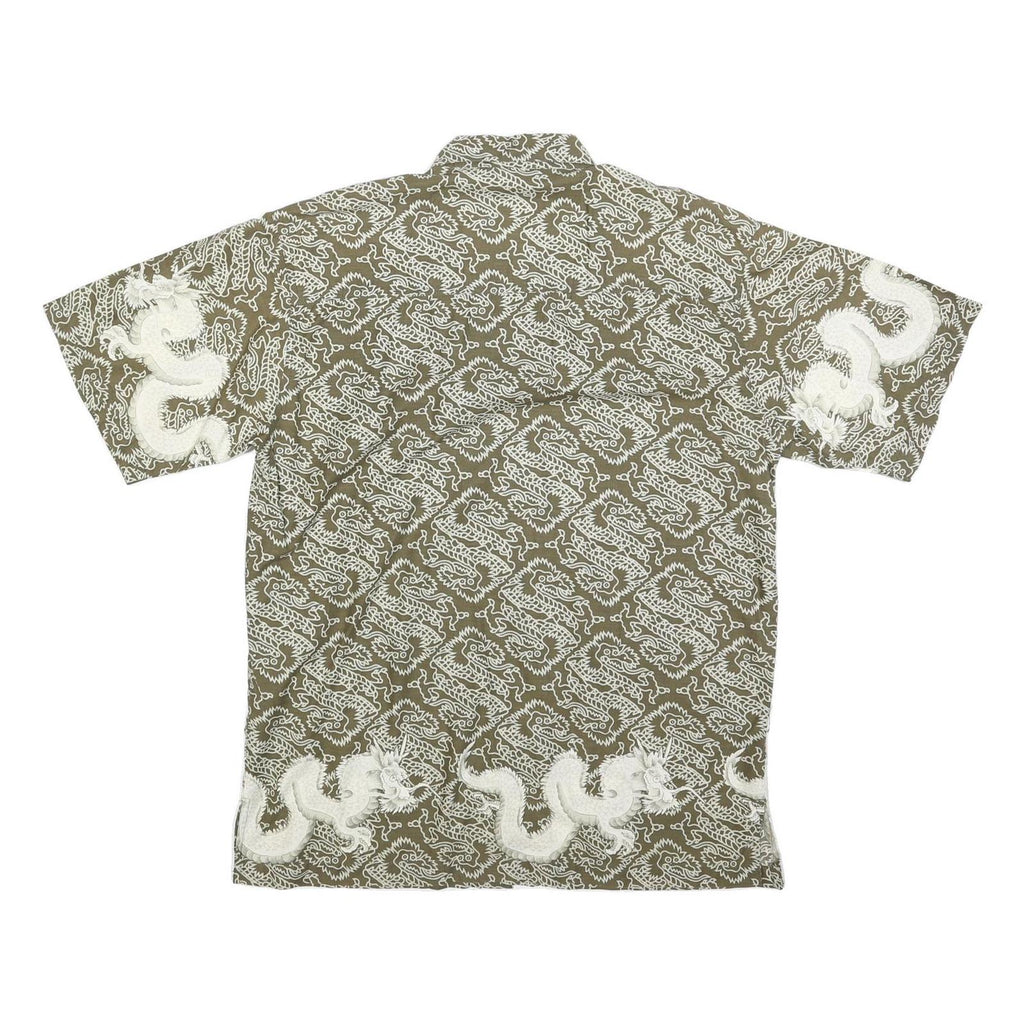 CRAZY WAVE Mens Green Cotton Blend Shirt L Dragon Print Casual Summer