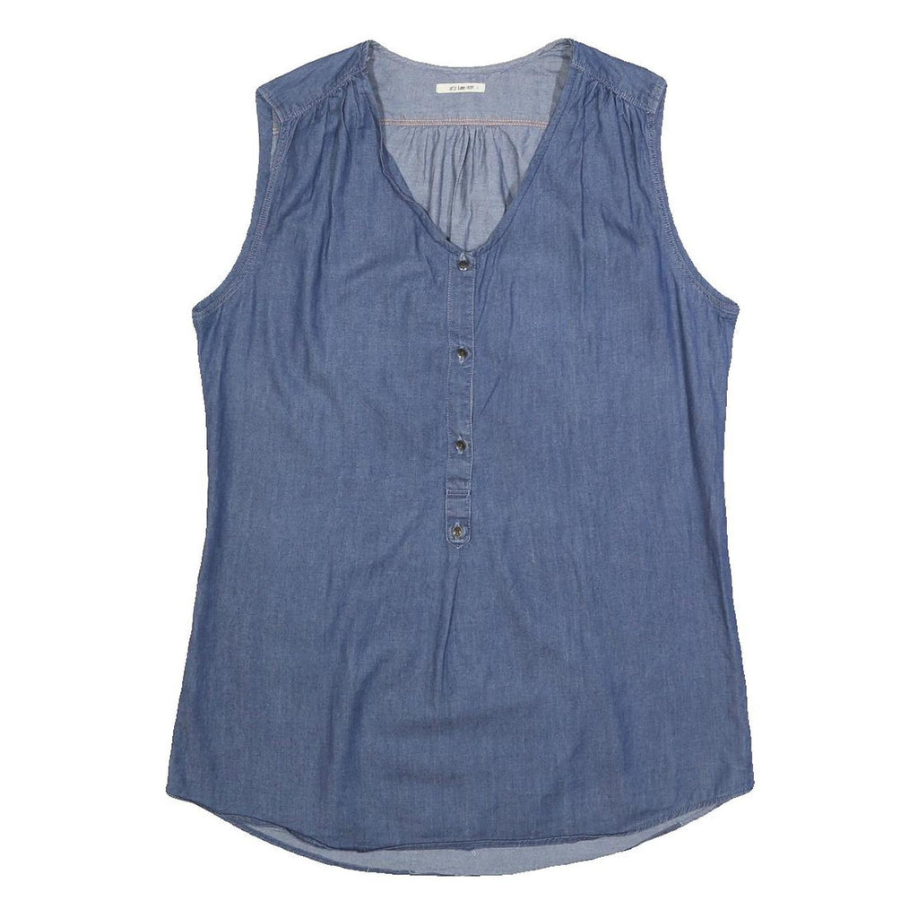 LEE Womens Blue Sleeveless V-Neck Cotton Blend Top L Casual Summer Style