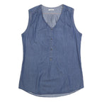 LEE Womens Blue Sleeveless V-Neck Cotton Blend Top L Casual Summer Style