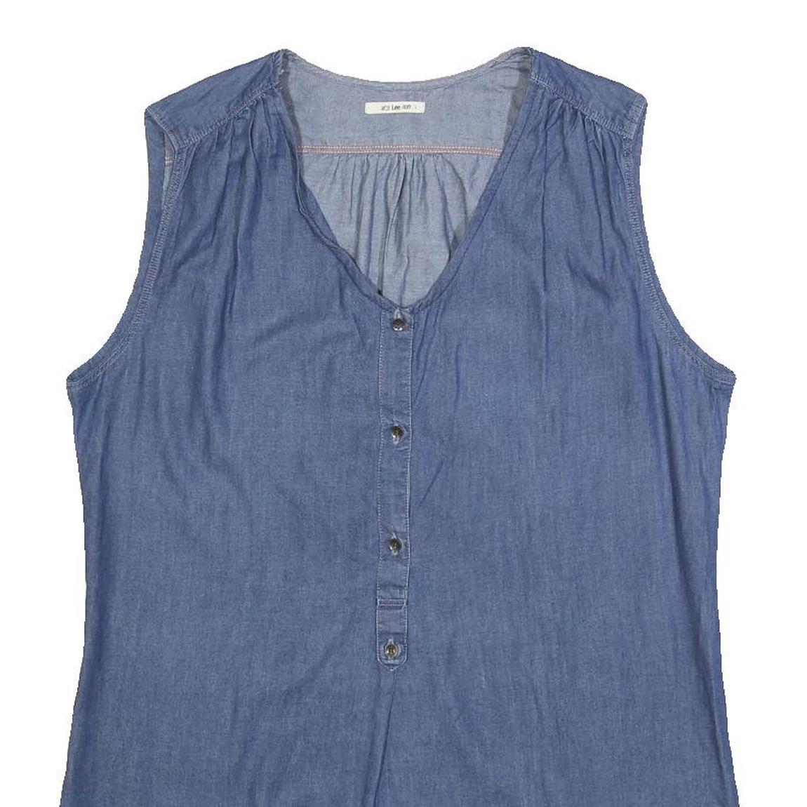 LEE Womens Blue Sleeveless V-Neck Cotton Blend Top L Casual Summer Style