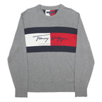 TOMMY HILFIGER Mens Grey Red & White Patterned Cotton Crew Neck Jumper L Casual