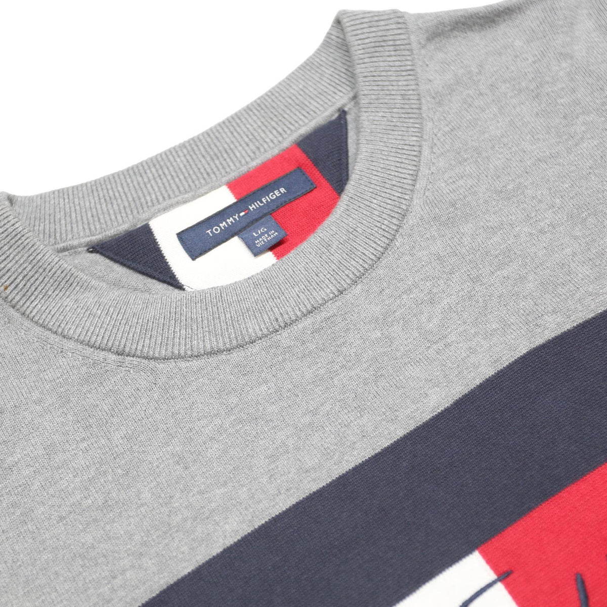 TOMMY HILFIGER Mens Grey Red & White Patterned Cotton Crew Neck Jumper L Casual