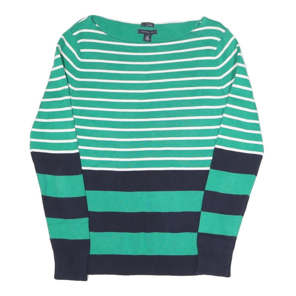 TOMMY HILFIGER Womens Green & White Striped Plain Boat Neck Basic Knit Jumper L