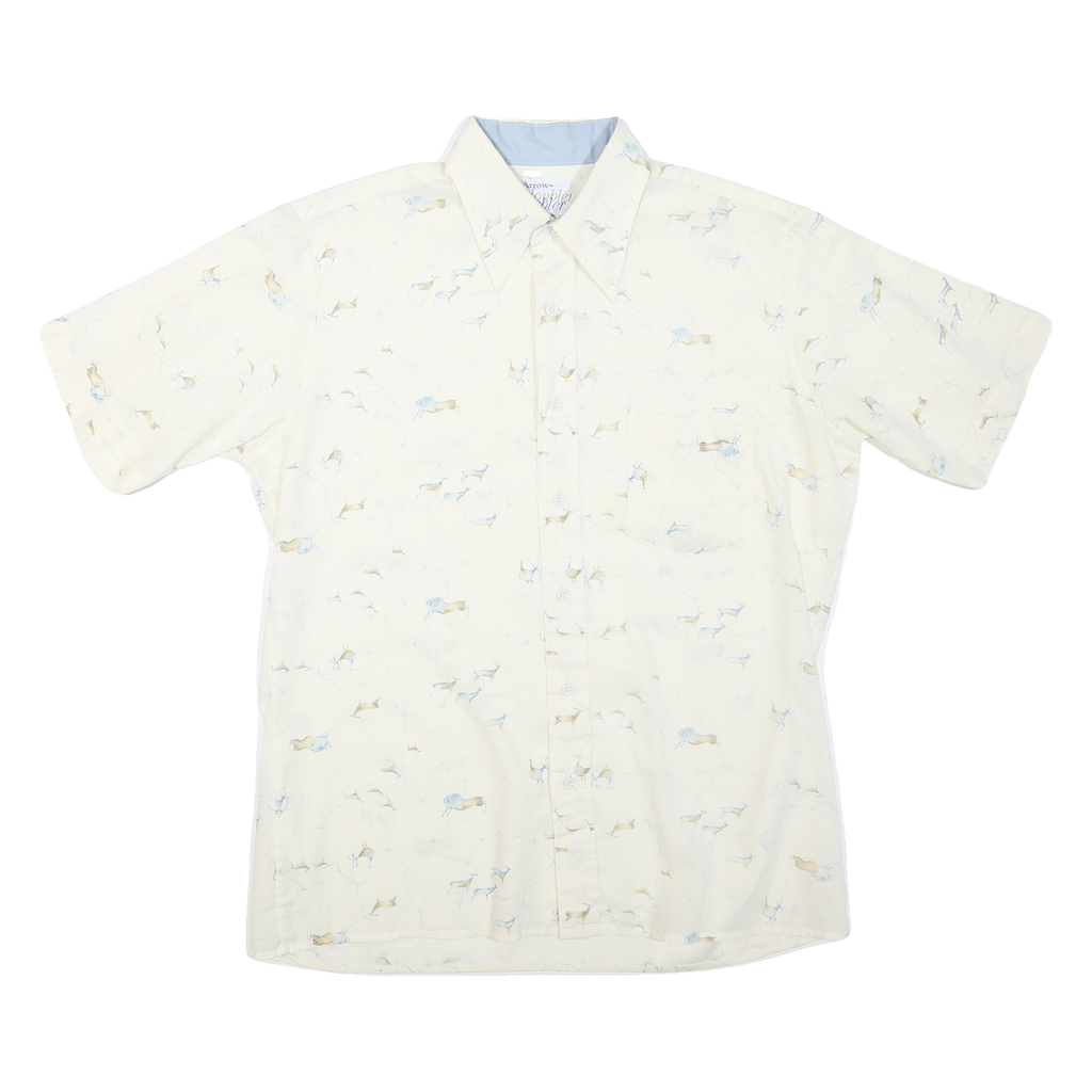 Mens White Patterned Cotton Blend Shirt L Short Sleeve Button Collar Casual