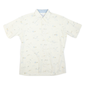 Mens White Patterned Cotton Blend Shirt L Short Sleeve Button Collar Casual