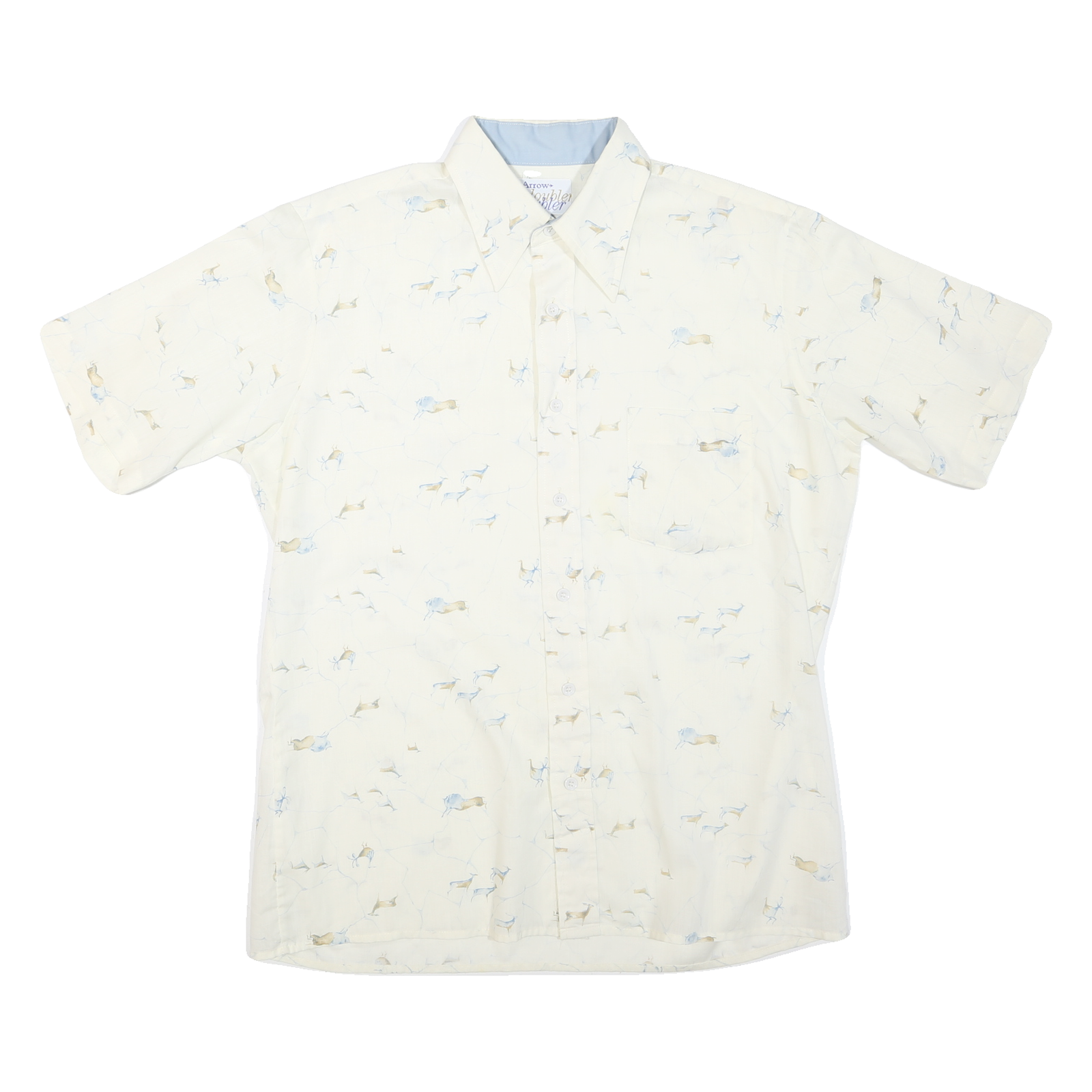 Mens White Patterned Cotton Blend Shirt L Short Sleeve Button Collar Casual