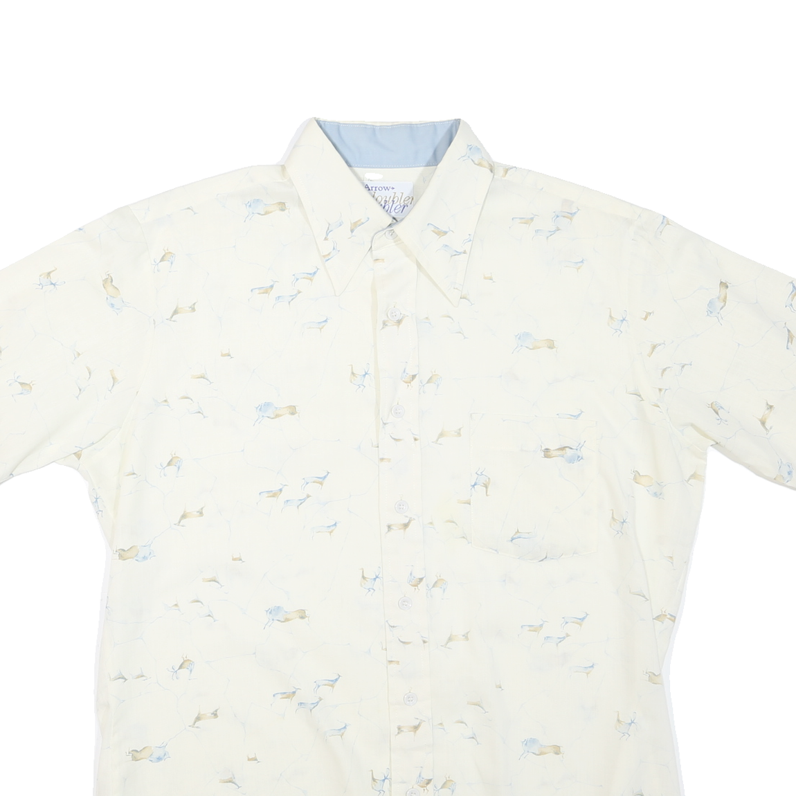 Mens White Patterned Cotton Blend Shirt L Short Sleeve Button Collar Casual