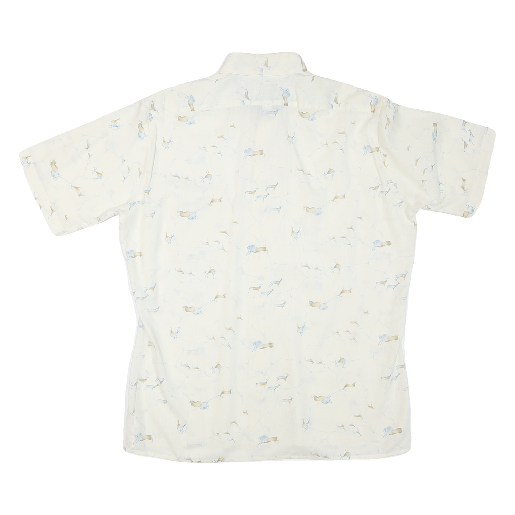 Mens White Patterned Cotton Blend Shirt L Short Sleeve Button Collar Casual
