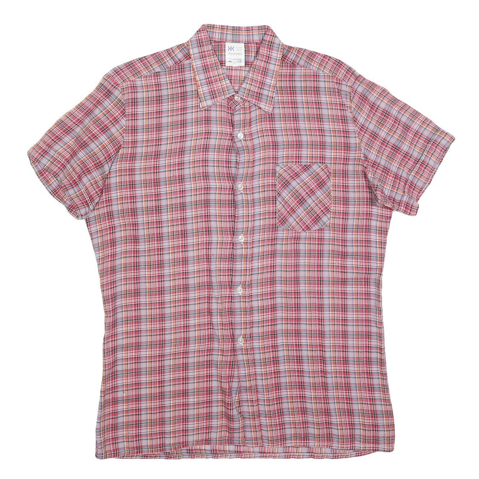 Mens Red Plaid Cotton Blend Shirt M Short Sleeve Button Pocket Casual