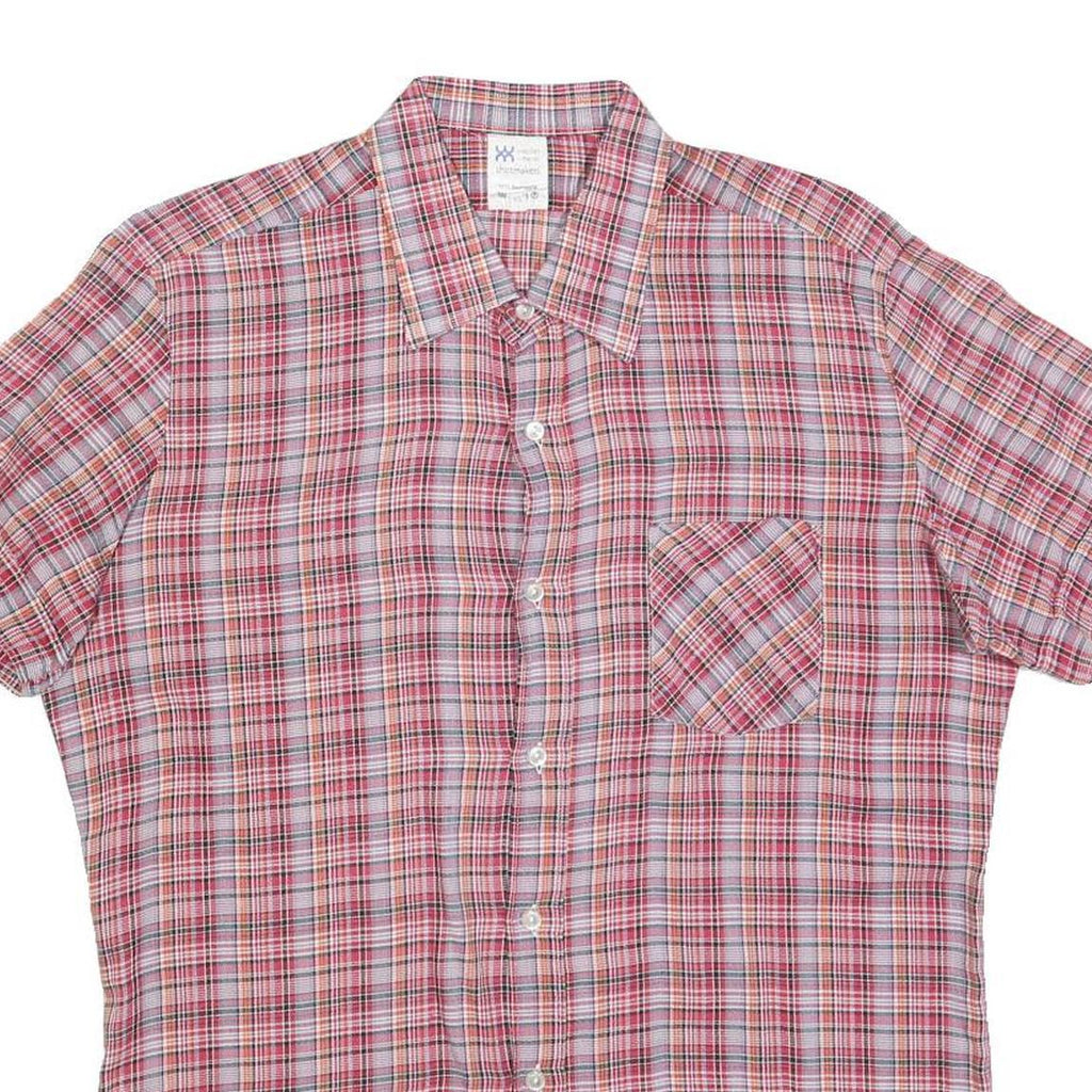 Mens Red Plaid Cotton Blend Shirt M Short Sleeve Button Pocket Casual