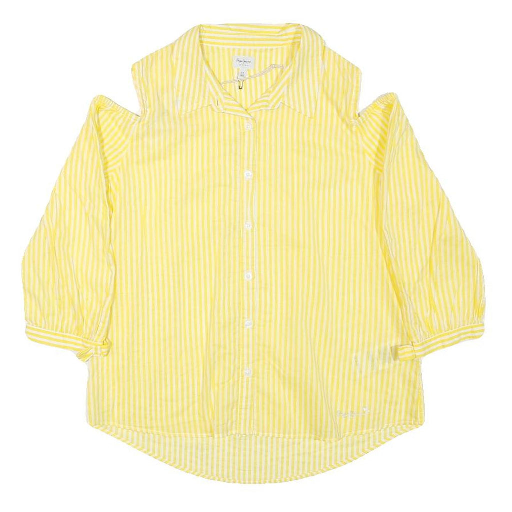 PEPE JEANS Womens Yellow & White Striped Shirt Cold Shoulder 3/4 Sleeve S Casual