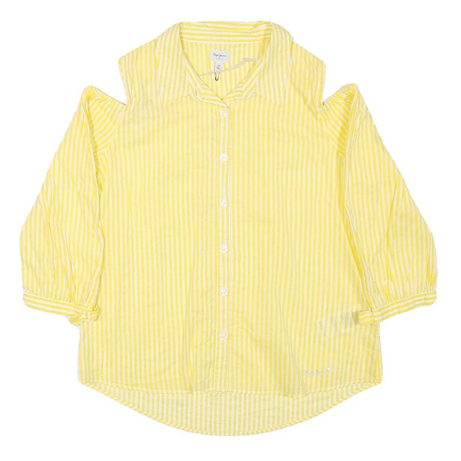 PEPE JEANS Womens Yellow & White Striped Shirt Cold Shoulder 3/4 Sleeve S Casual