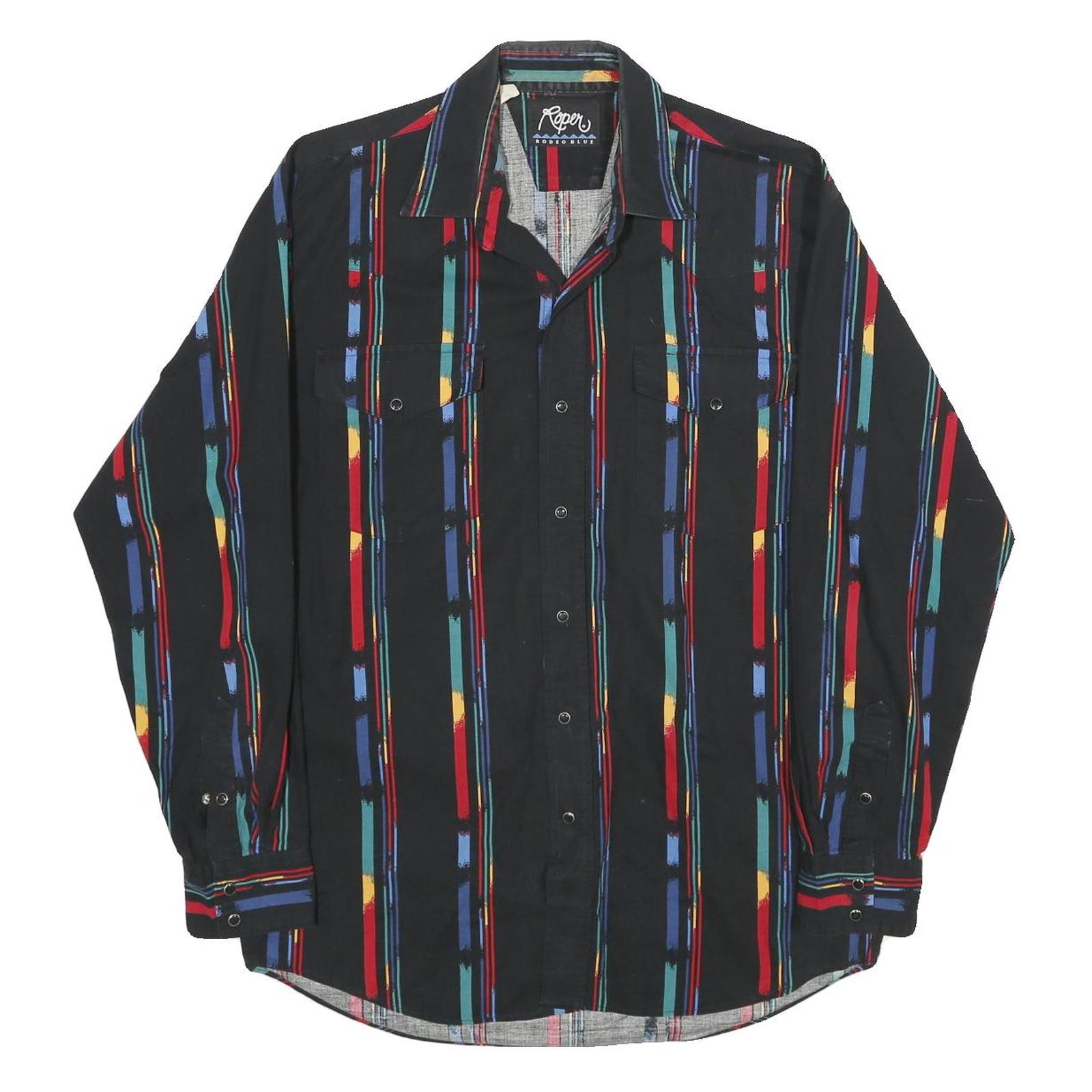 ROPER Mens Black & Multicolour Striped Shirt M Western Cotton Button