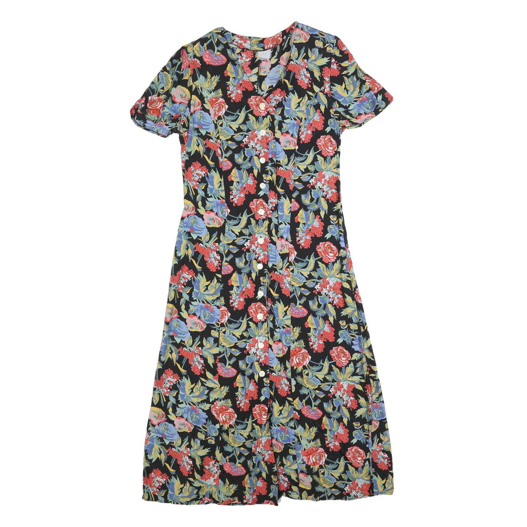 Womens Black Floral Button Midi Dress Polyester Blend Short Sleeve Size L Summer