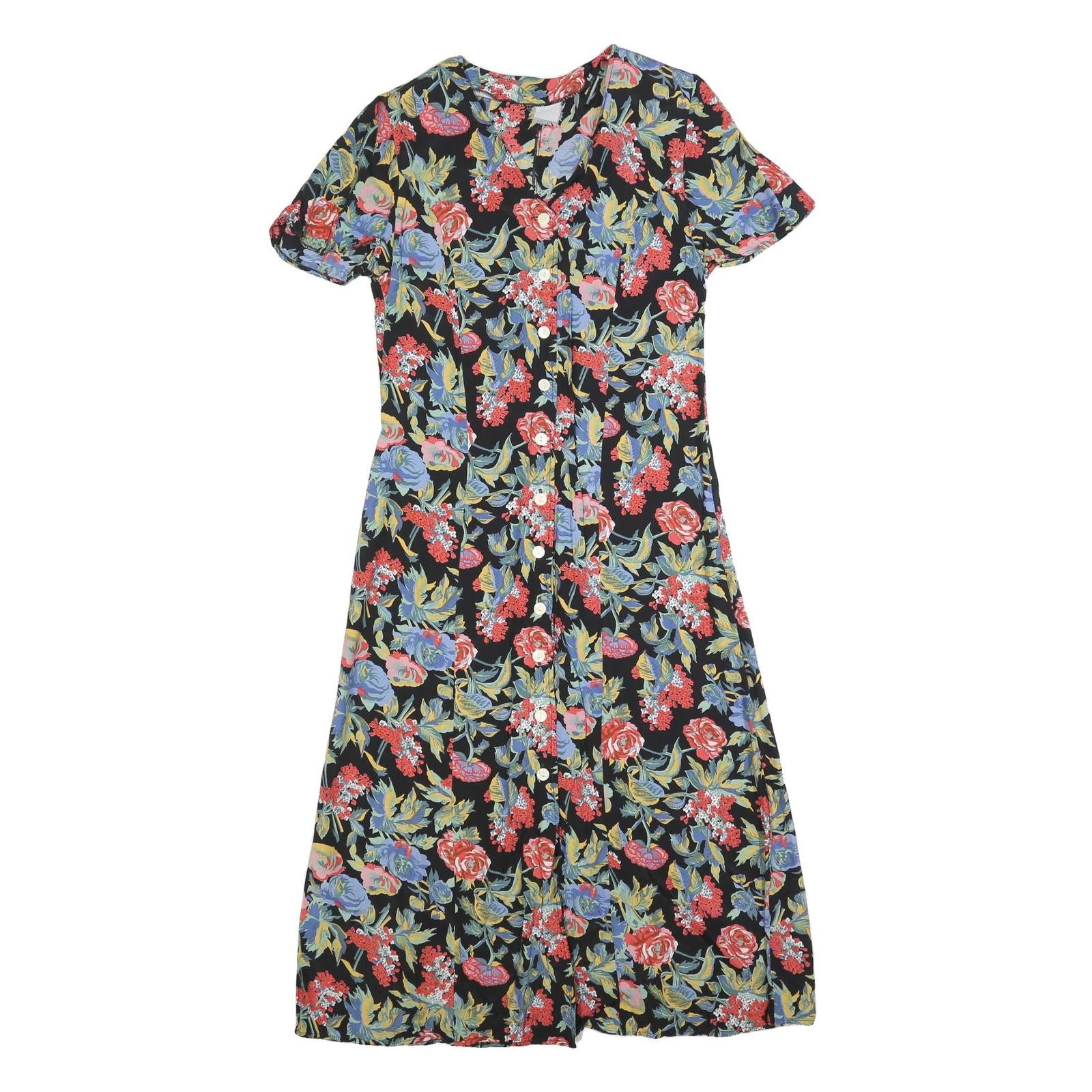 Womens Black Floral Button Midi Dress Polyester Blend Short Sleeve Size L Summer
