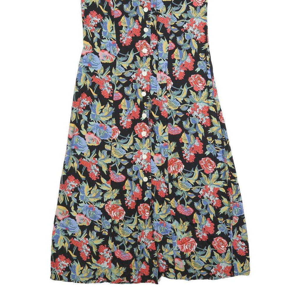 Womens Black Floral Button Midi Dress Polyester Blend Short Sleeve Size L Summer