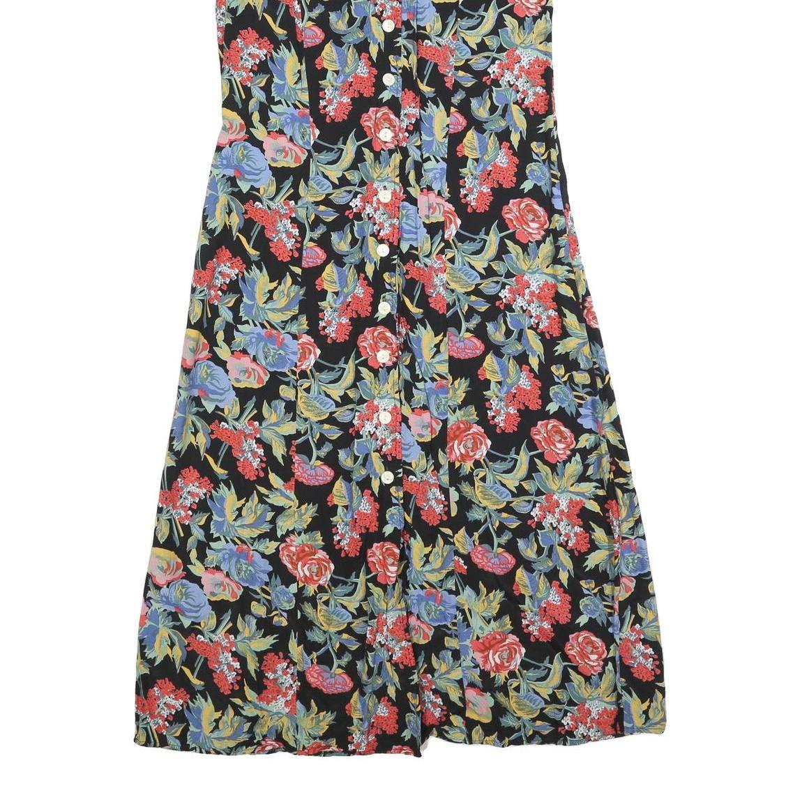 Womens Black Floral Button Midi Dress Polyester Blend Short Sleeve Size L Summer