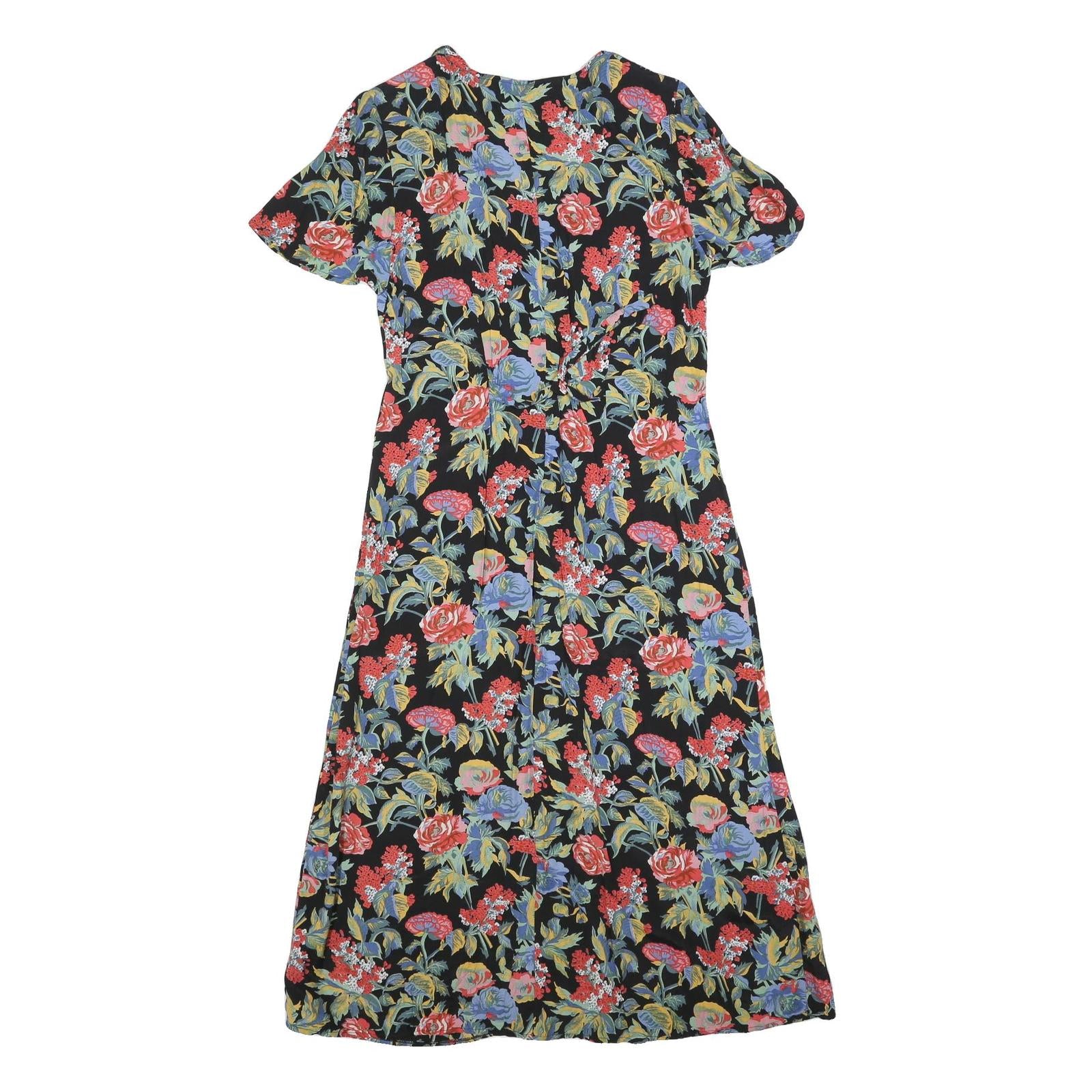 Womens Black Floral Button Midi Dress Polyester Blend Short Sleeve Size L Summer