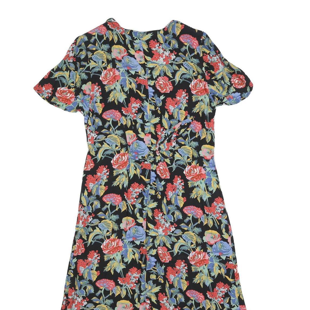 Womens Black Floral Button Midi Dress Polyester Blend Short Sleeve Size L Summer