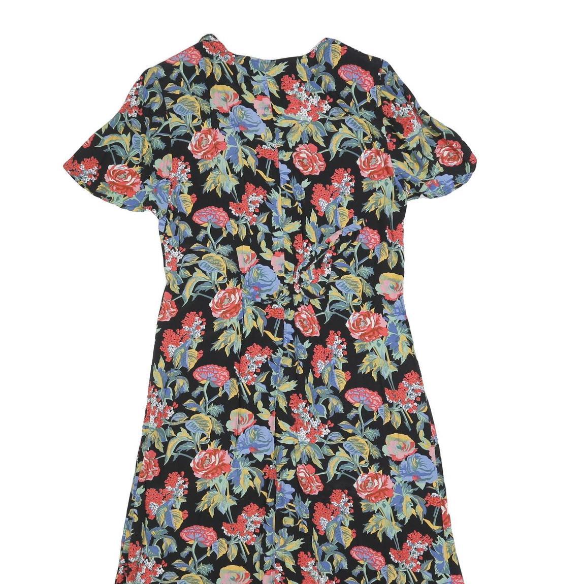 Womens Black Floral Button Midi Dress Polyester Blend Short Sleeve Size L Summer