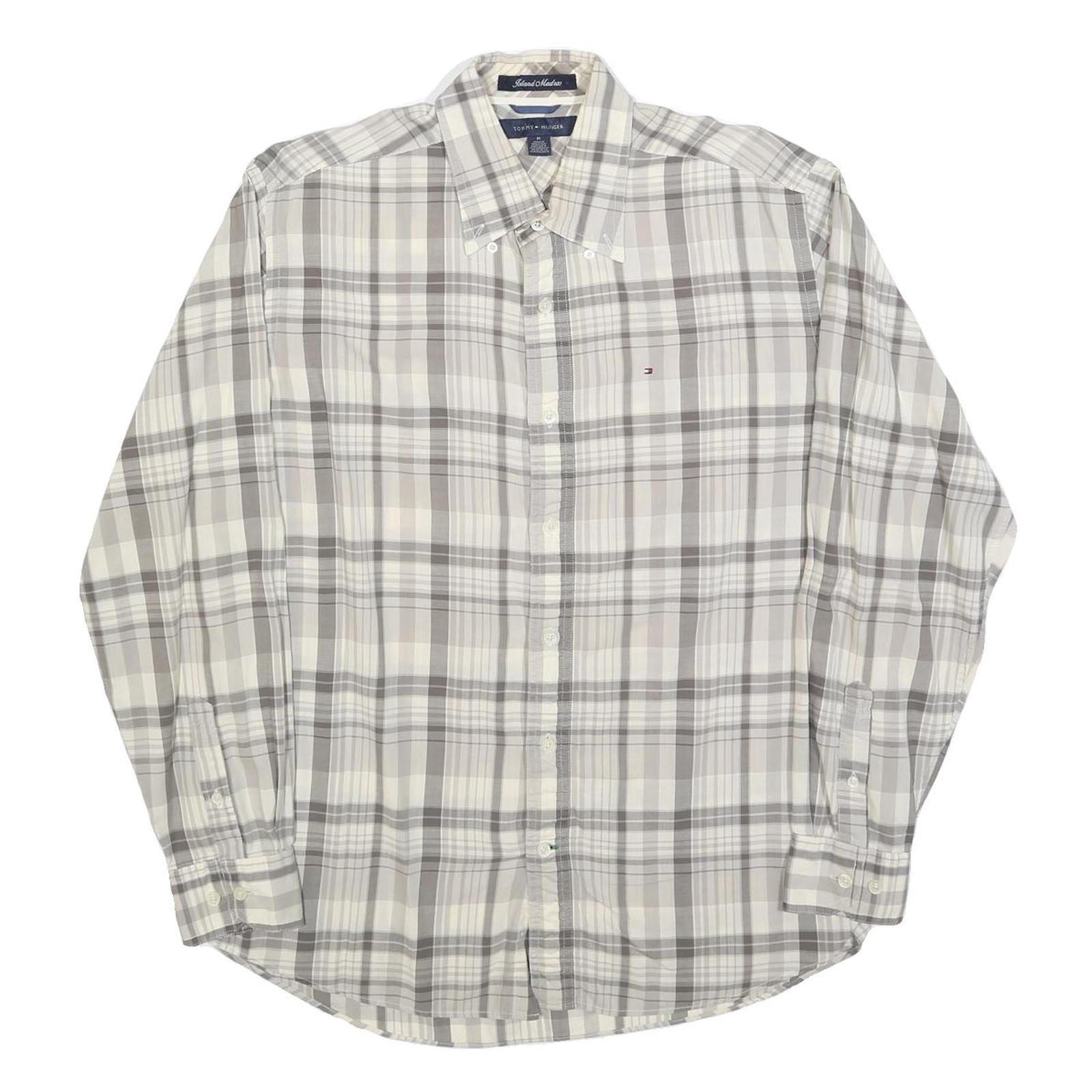 TOMMY HILFIGER Mens Grey & Cream Check Shirt M Button-Down Collar Long Sleeve