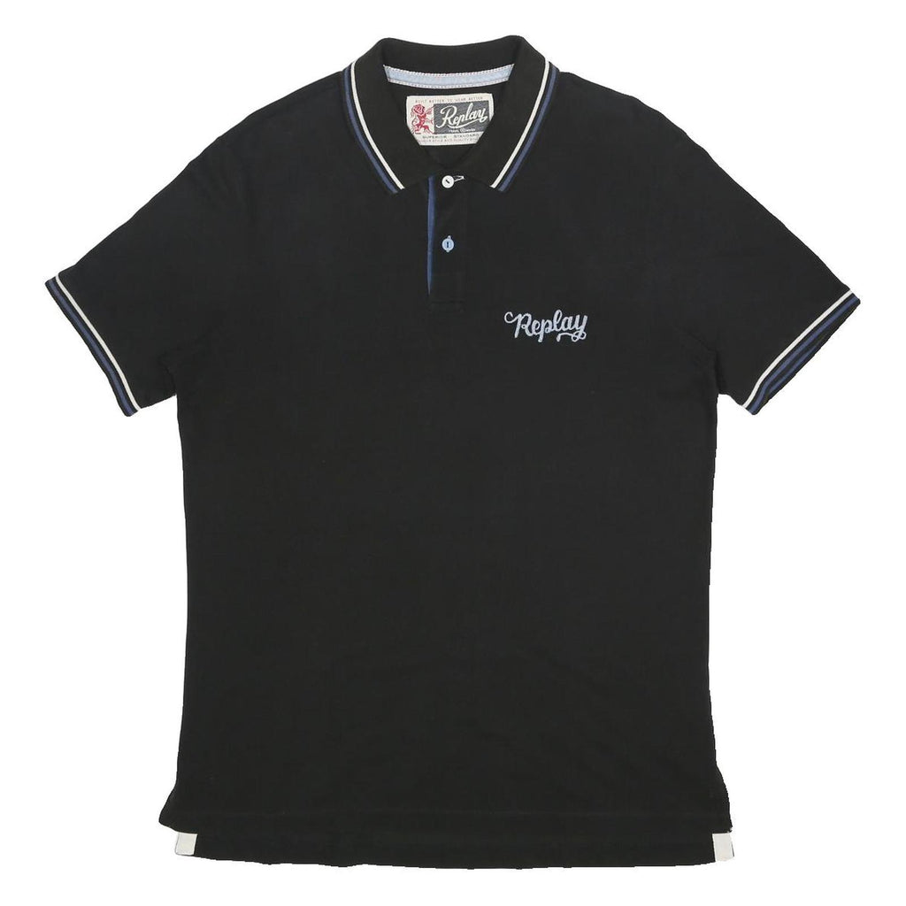 REPLAY Mens Black Polo Shirt XL Cotton Short Sleeve Embroidered Logo