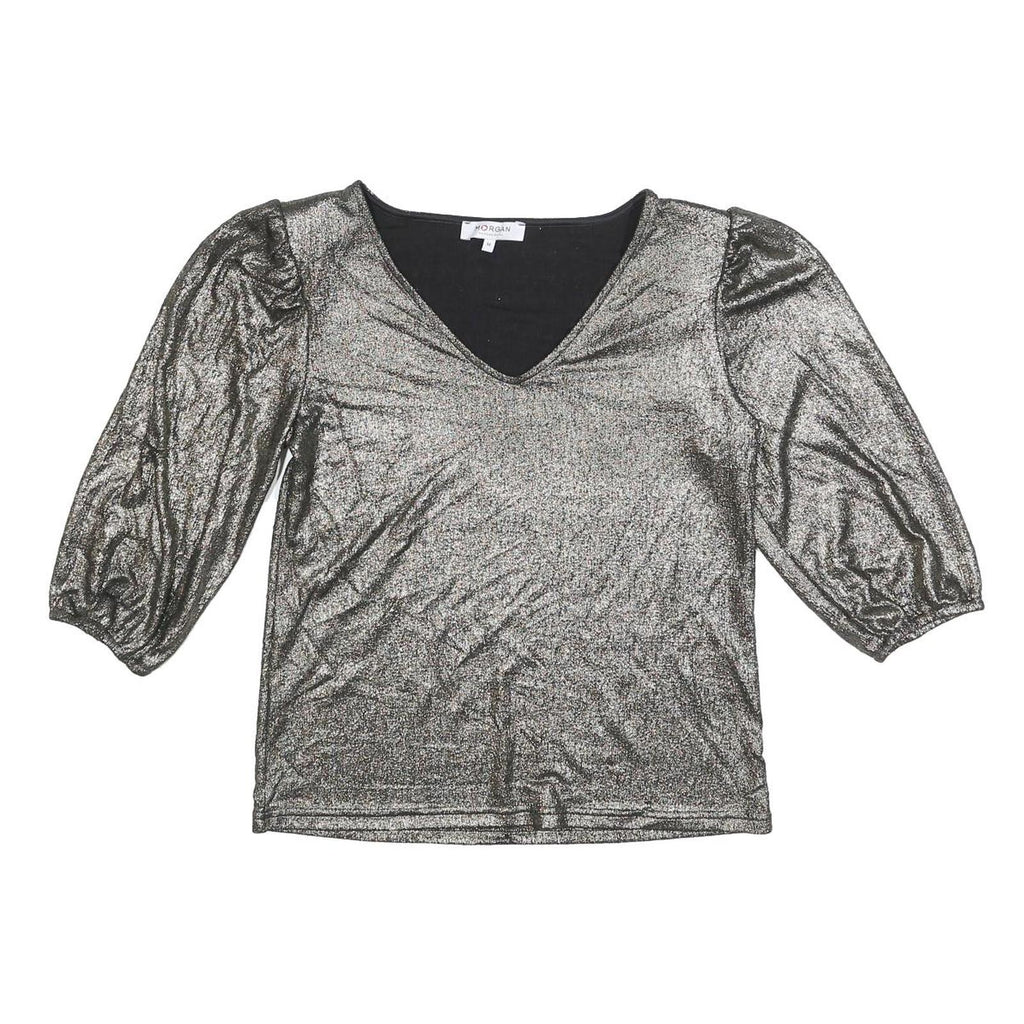 MORGAN Y2K Womens Silver Metallic Top 3/4 Sleeve V-Neck Shiny M Evening Sparkle