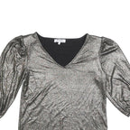 MORGAN Y2K Womens Silver Metallic Top 3/4 Sleeve V-Neck Shiny M Evening Sparkle