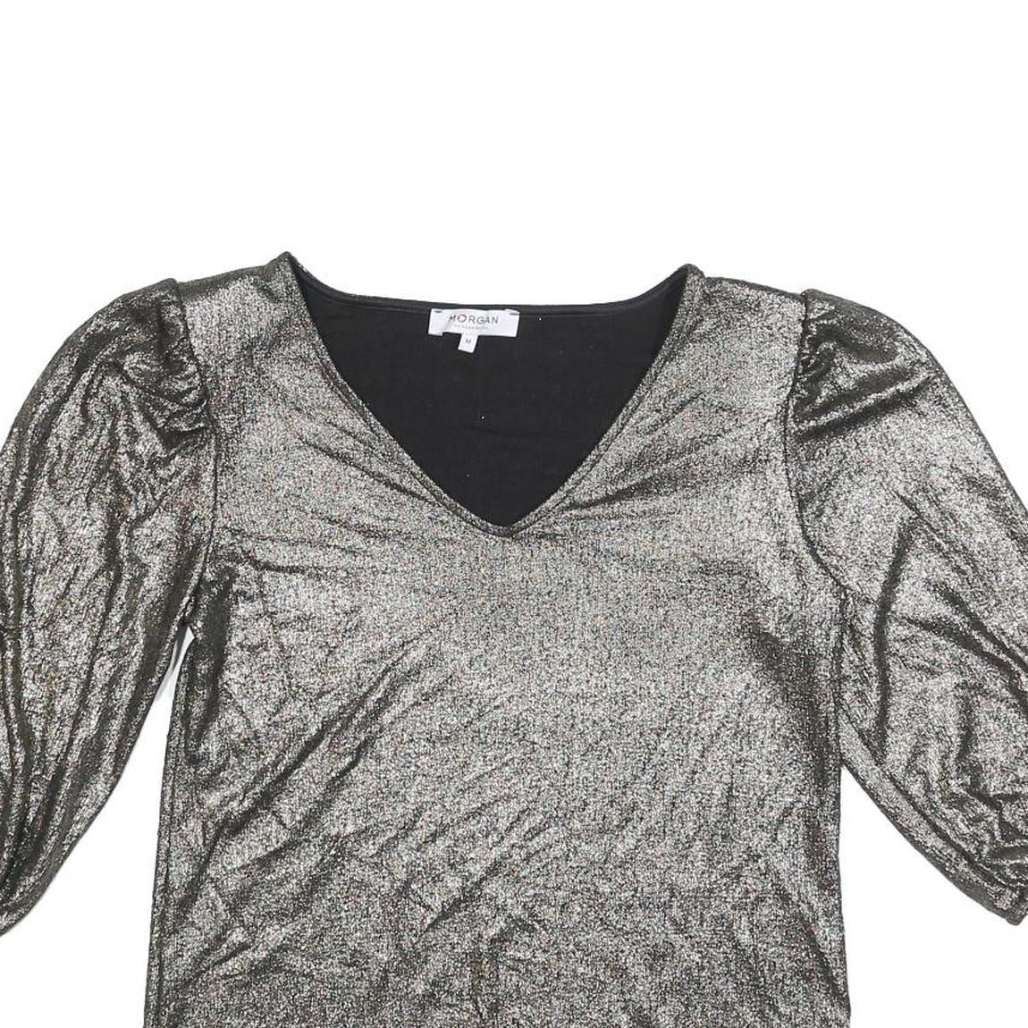 MORGAN Y2K Womens Silver Metallic Top 3/4 Sleeve V-Neck Shiny M Evening Sparkle