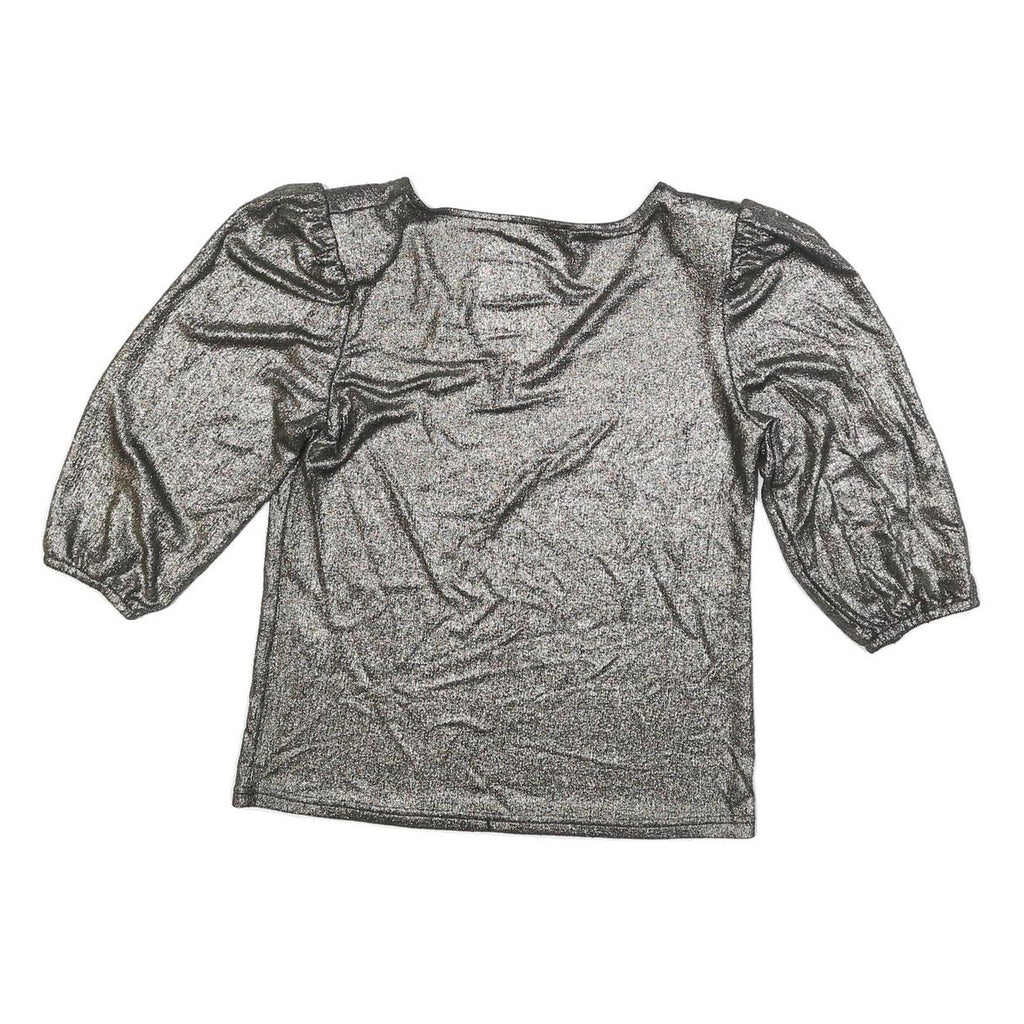 MORGAN Y2K Womens Silver Metallic Top 3/4 Sleeve V-Neck Shiny M Evening Sparkle
