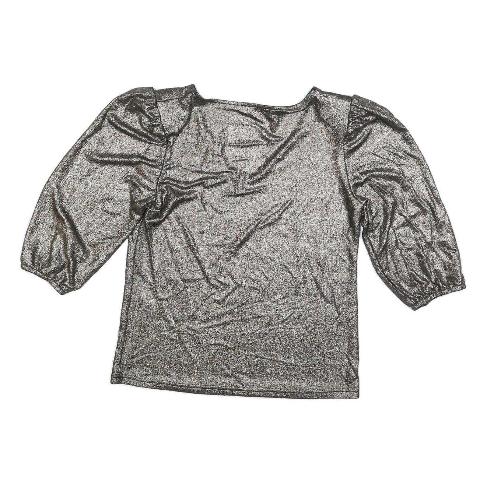 MORGAN Y2K Womens Silver Metallic Top 3/4 Sleeve V-Neck Shiny M Evening Sparkle