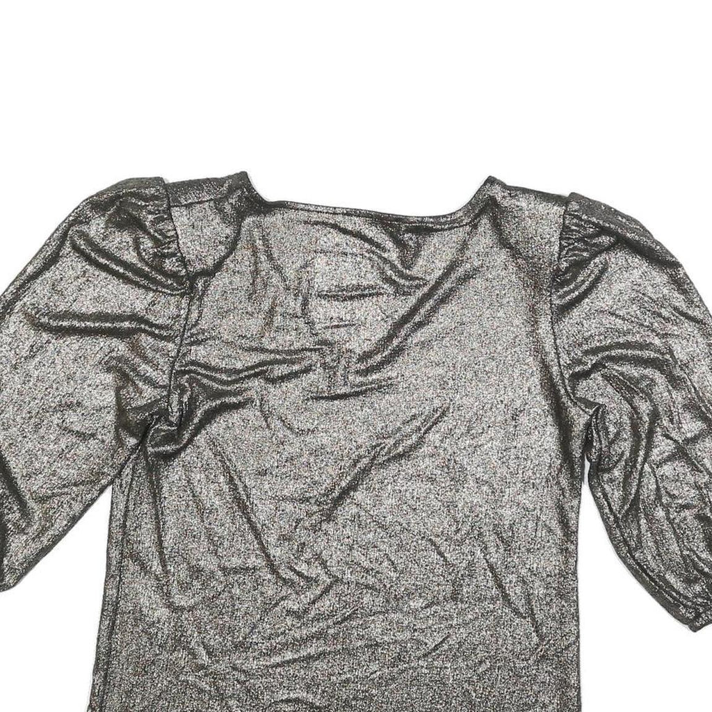 MORGAN Y2K Womens Silver Metallic Top 3/4 Sleeve V-Neck Shiny M Evening Sparkle