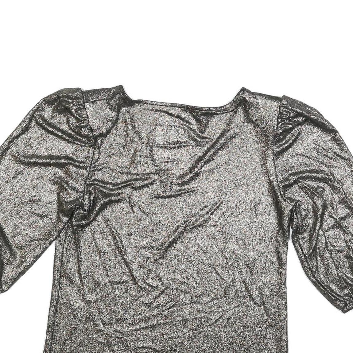 MORGAN Y2K Womens Silver Metallic Top 3/4 Sleeve V-Neck Shiny M Evening Sparkle