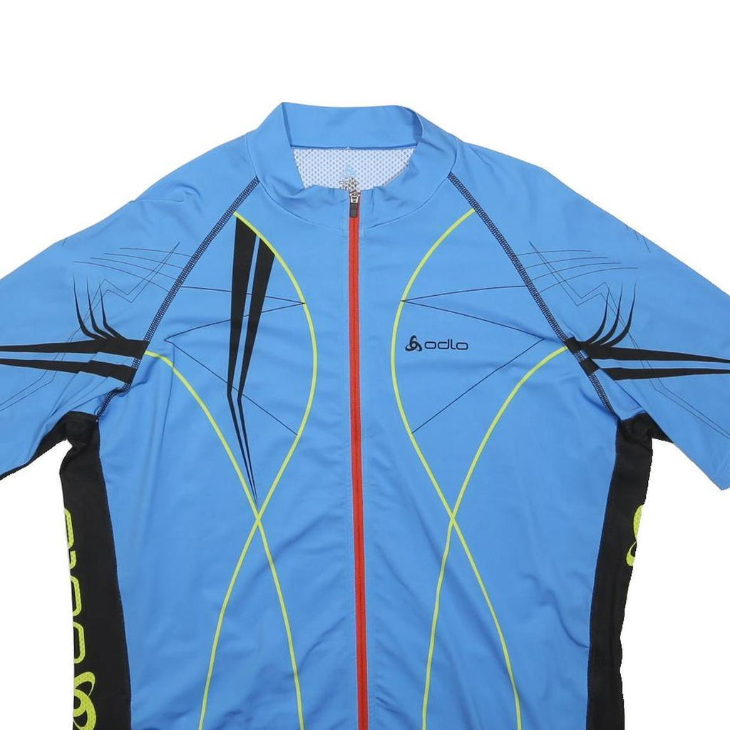 ODLO Mens Blue & Black Modern 2XL Short Sleeve Round Neck Zip Cycling Jersey
