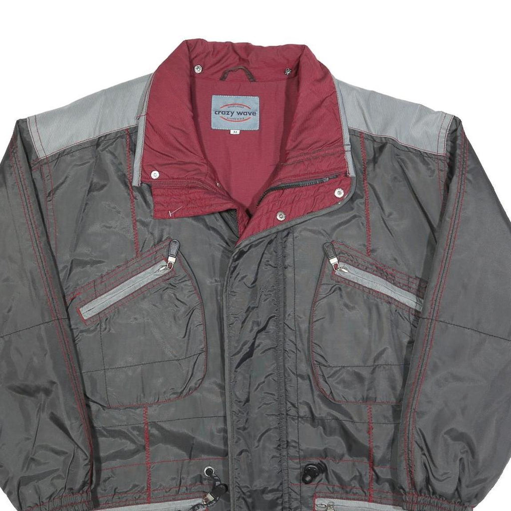 CRAZY WAVE Mens Grey & Burgundy Zip Jacket M Polyester Blend Plain Casual