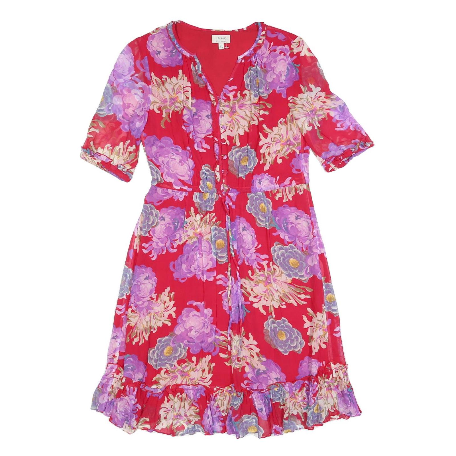 JIGSAW Womens Red Floral Day Viscose Dress UK 8 Ruffled Hem Half Sleeve
