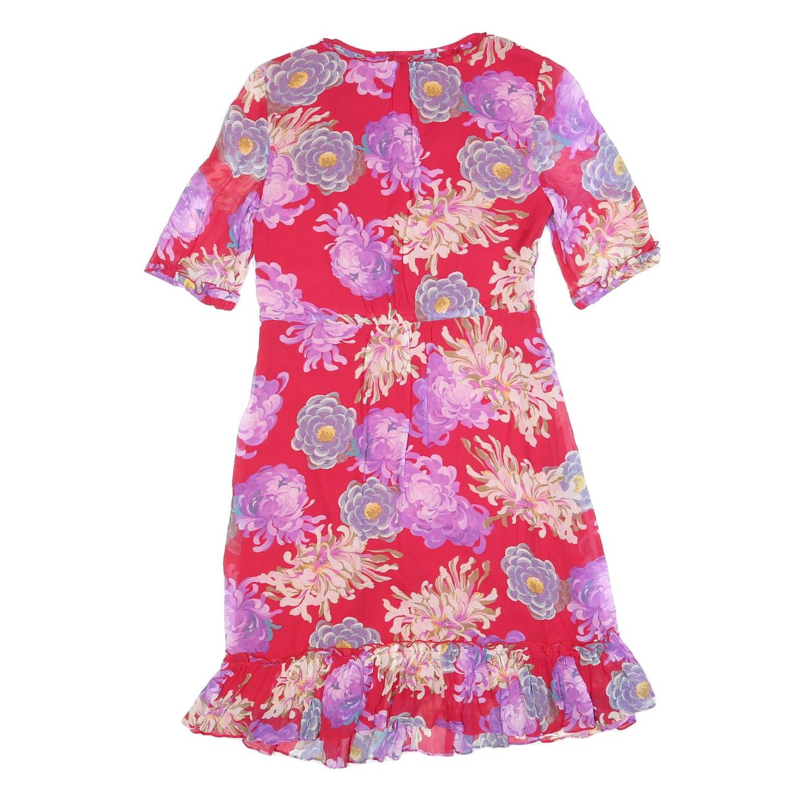 JIGSAW Womens Red Floral Day Viscose Dress UK 8 Ruffled Hem Half Sleeve