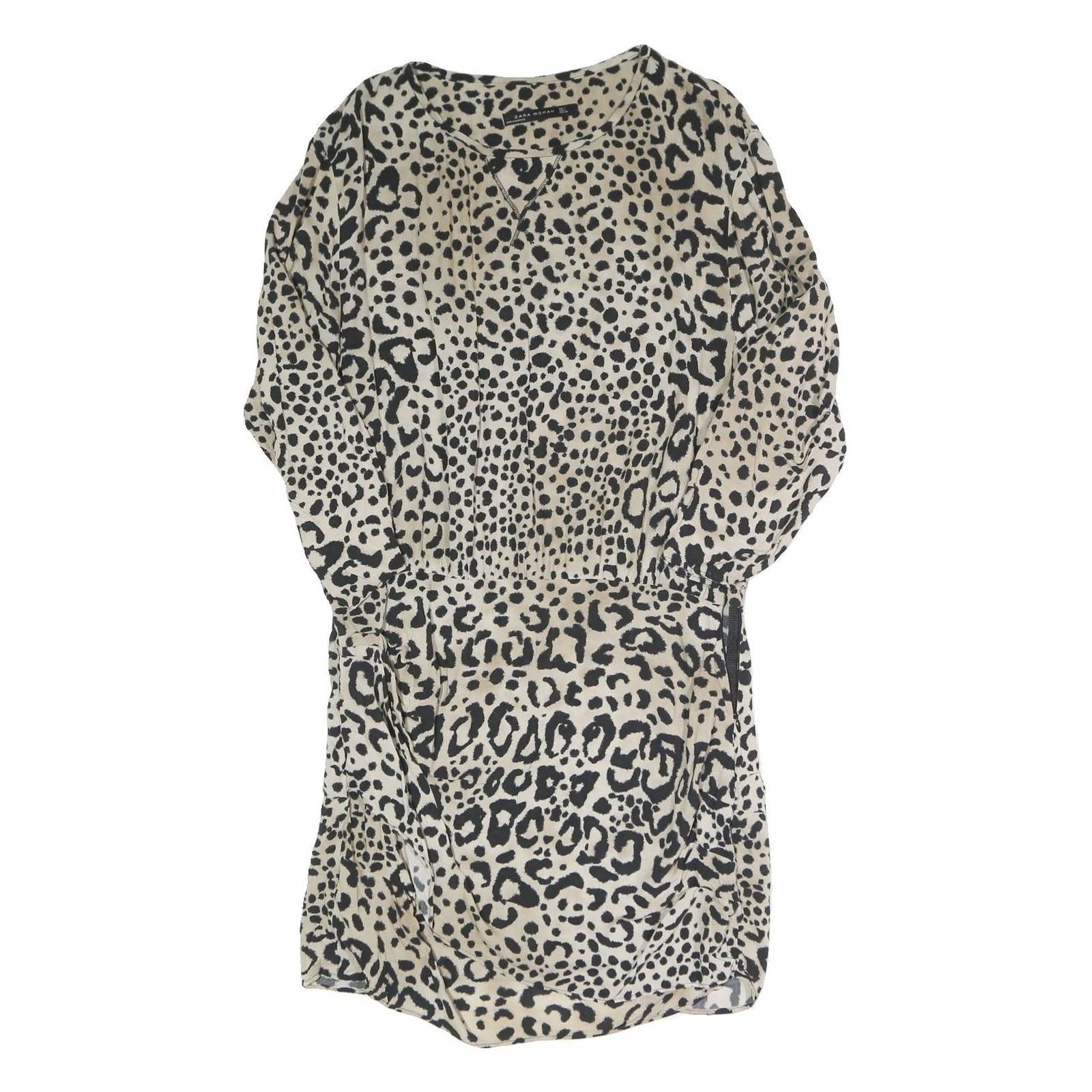 ZARA Womens Beige & Black Animal Print Day Polyester Blend Dress L Lightweight