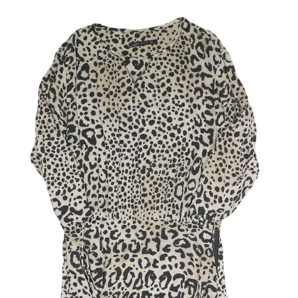 ZARA Womens Beige & Black Animal Print Day Polyester Blend Dress L Lightweight