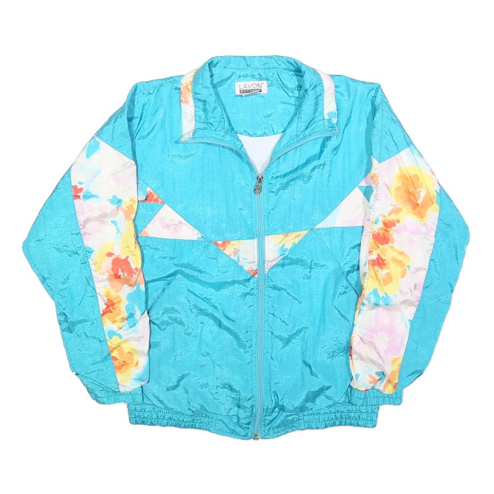 LAVON Womens Blue & Floral Casual Jacket S Nylon Zip Plain Lightweight Retro